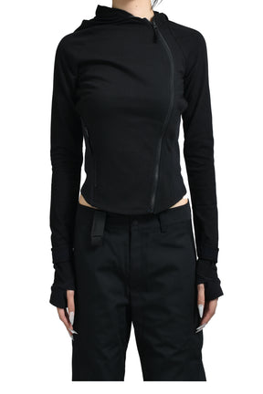 HOODED ASYMMETRIC ZIP TOP / BLK 