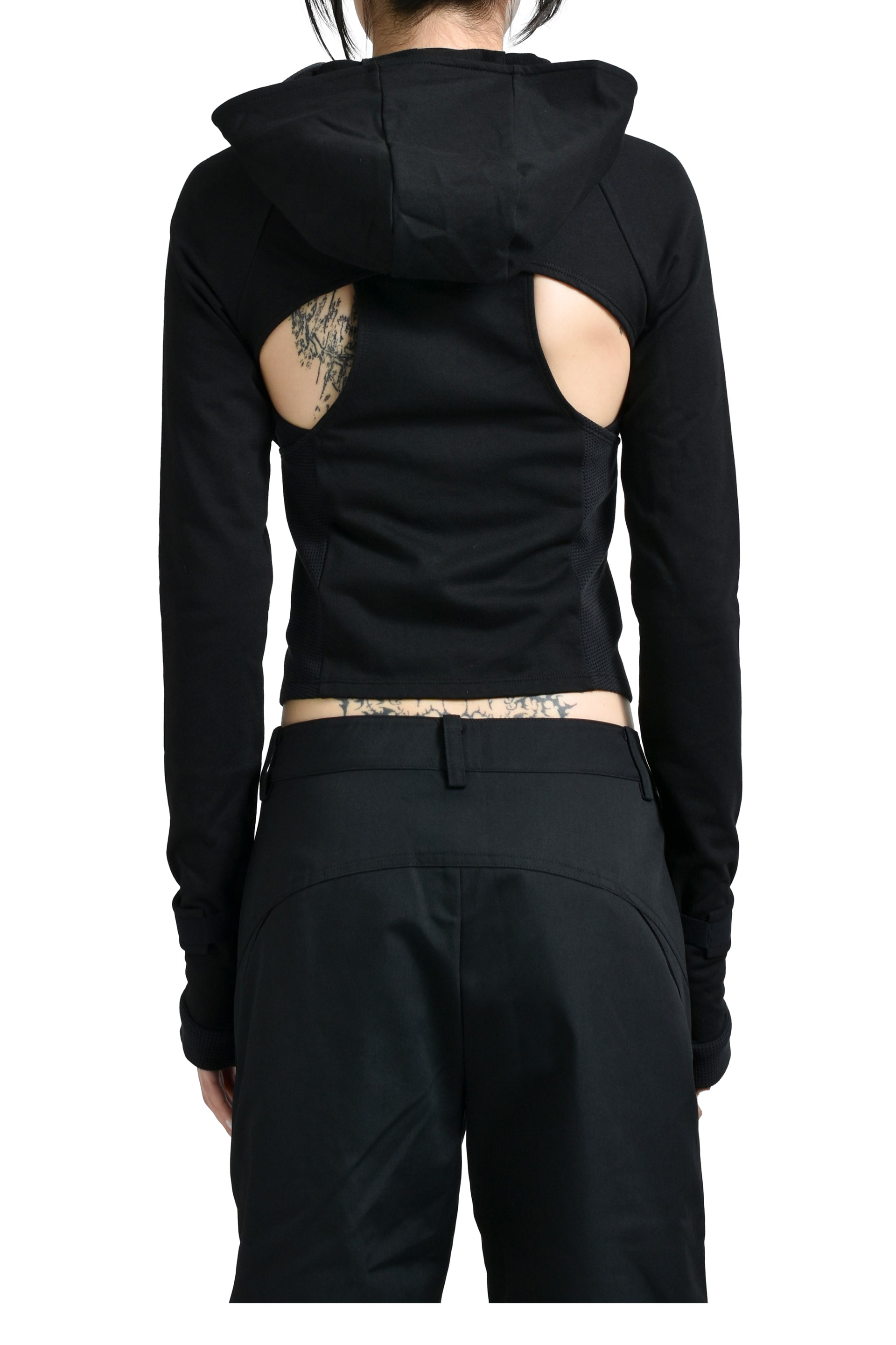 HOODED ASYMMETRIC ZIP TOP / BLK