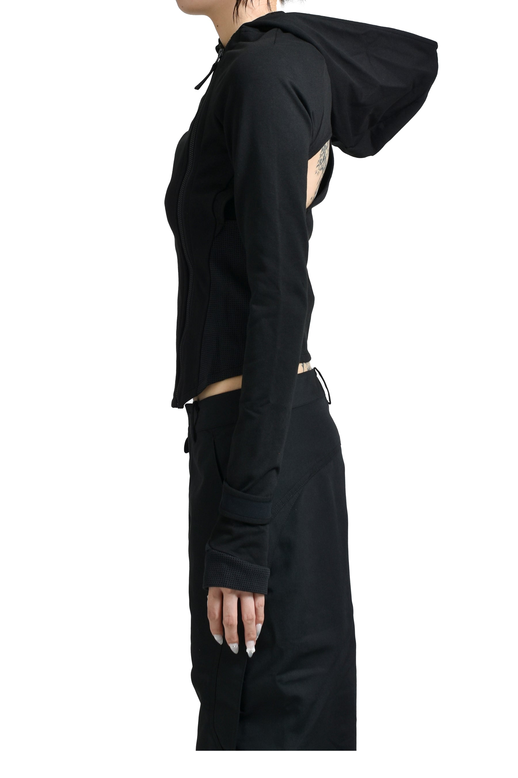 HOODED ASYMMETRIC ZIP TOP / BLK 