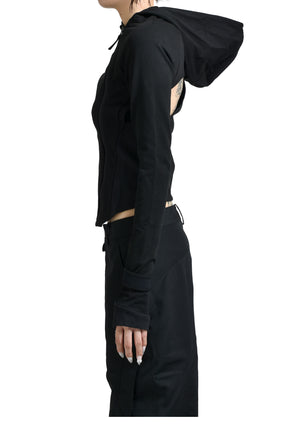 HOODED ASYMMETRIC ZIP TOP / BLK 
