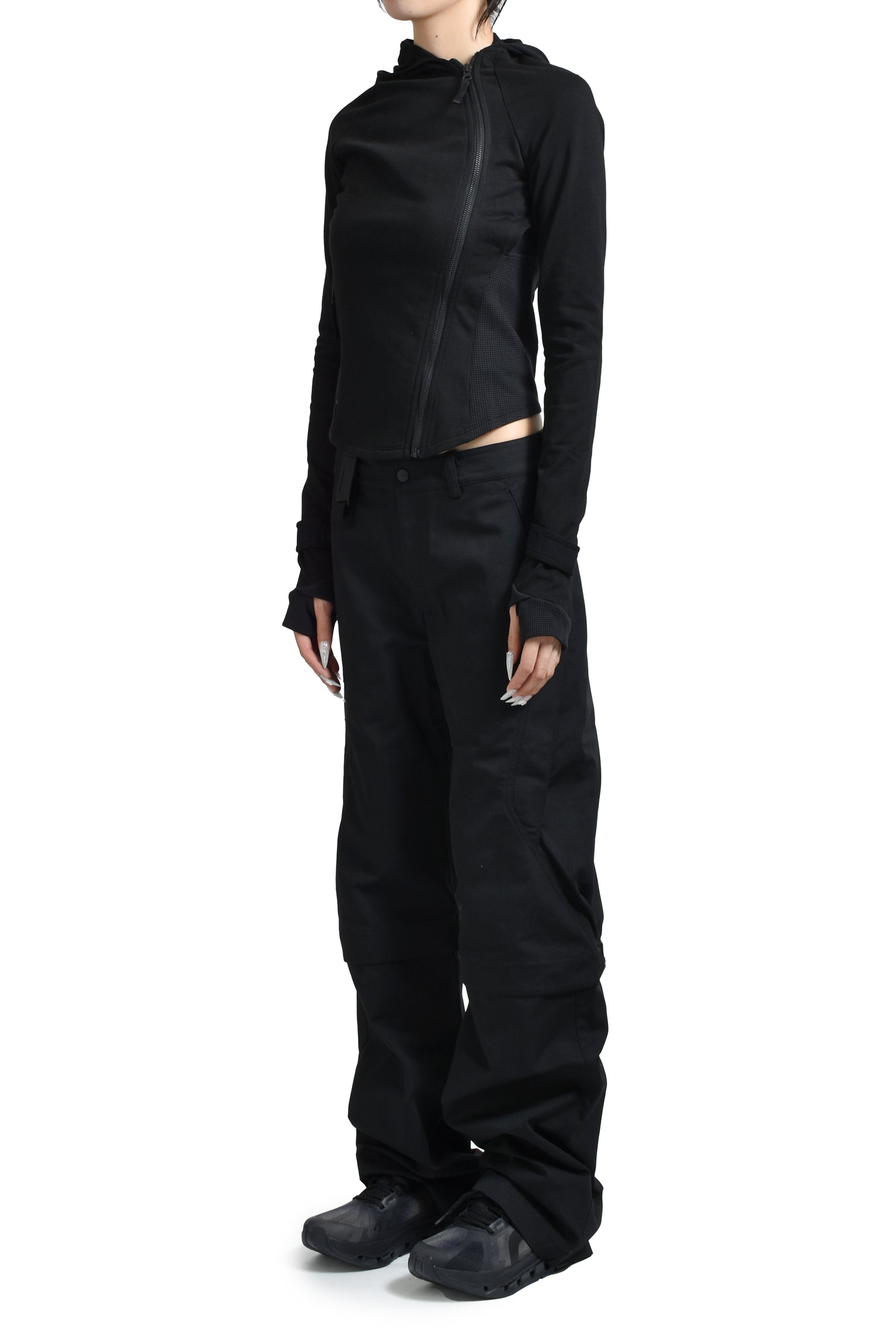 HOODED ASYMMETRIC ZIP TOP / BLK 