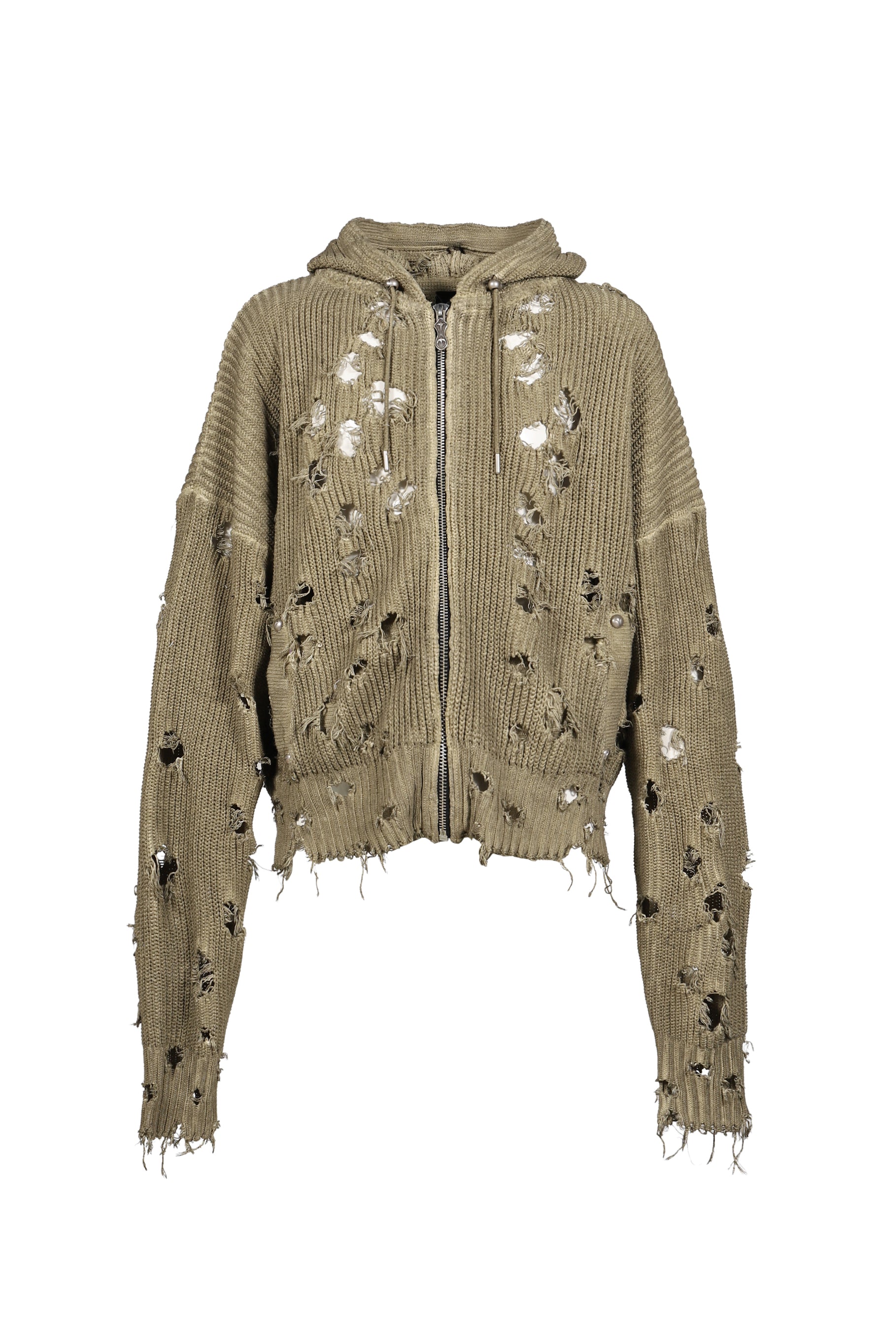 TC DESTROYED KNIT ZIP-UP HOODIE / BEIGE