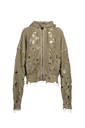 TC DESTROYED KNIT ZIP-UP HOODIE / BEIGE