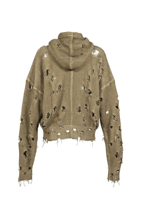 TC DESTROYED KNIT ZIP-UP HOODIE / BEIGE