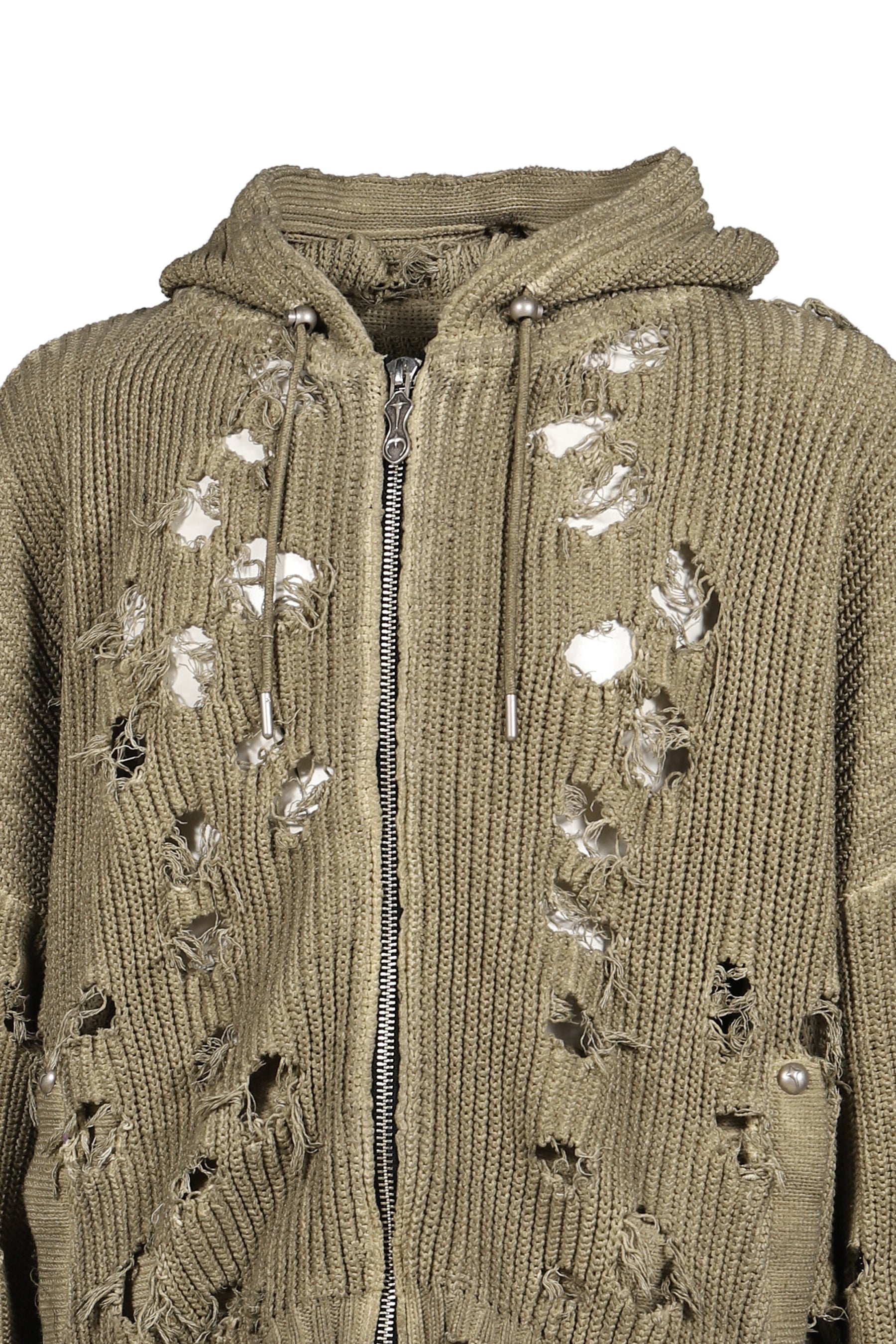 TC DESTROYED KNIT ZIP-UP HOODIE / BEIGE