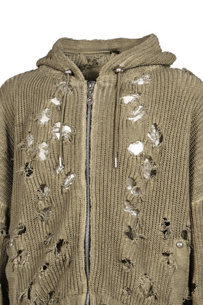 TC DESTROYED KNIT ZIP-UP HOODIE / BEIGE