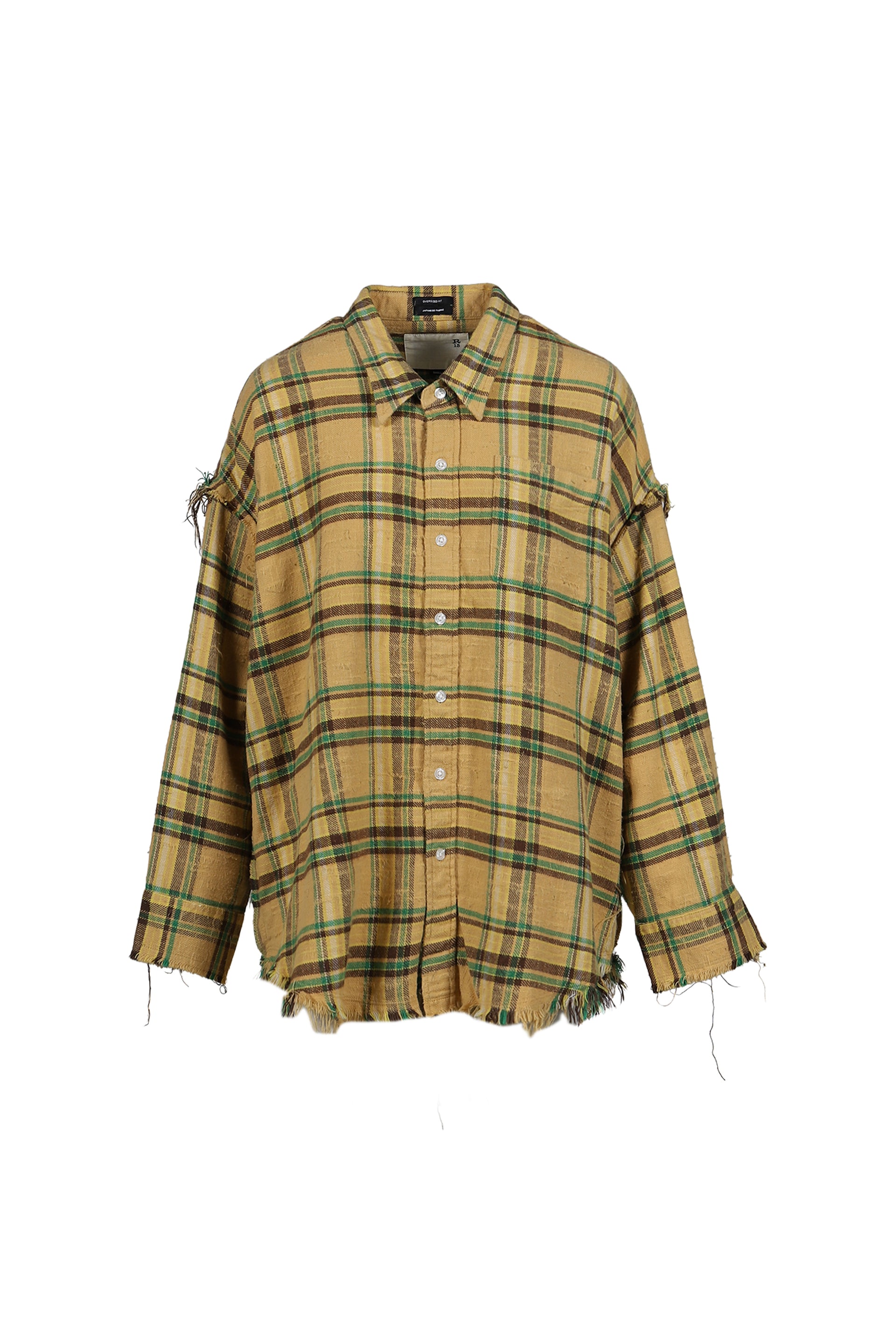 SHREDDED SEAM DROP NECK SHIRT / KHA/GRN PLAID