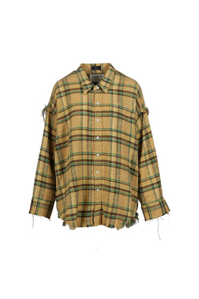 SHREDDED SEAM DROP NECK SHIRT / KHA/GRN PLAID