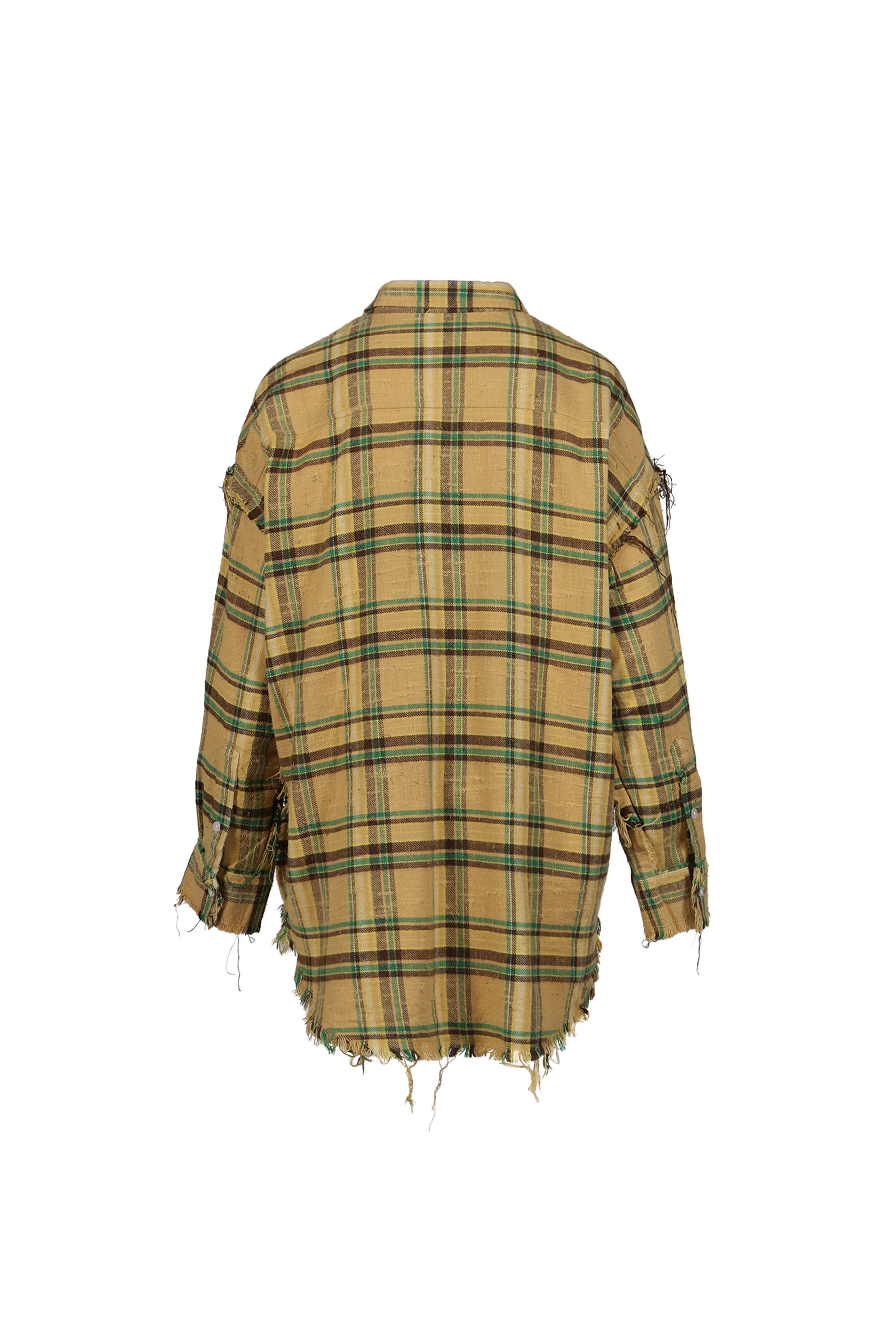 SHREDDED SEAM DROP NECK SHIRT / KHA/GRN PLAID