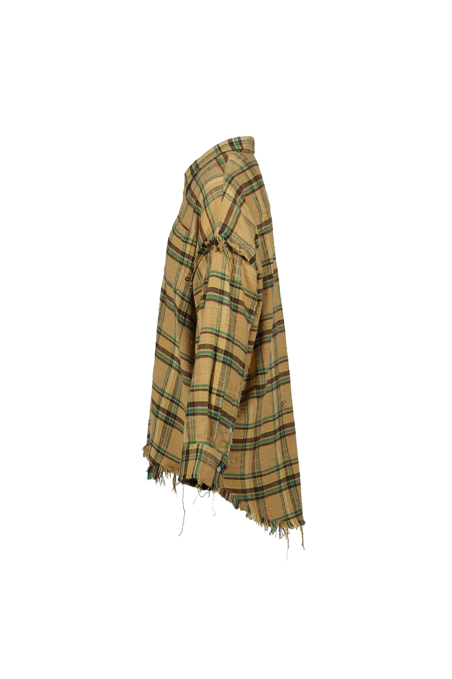 SHREDDED SEAM DROP NECK SHIRT / KHA/GRN PLAID