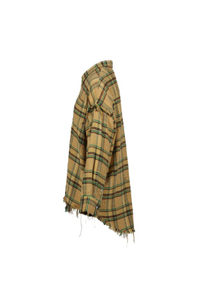SHREDDED SEAM DROP NECK SHIRT / KHA/GRN PLAID