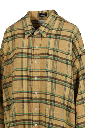 SHREDDED SEAM DROP NECK SHIRT / KHA/GRN PLAID
