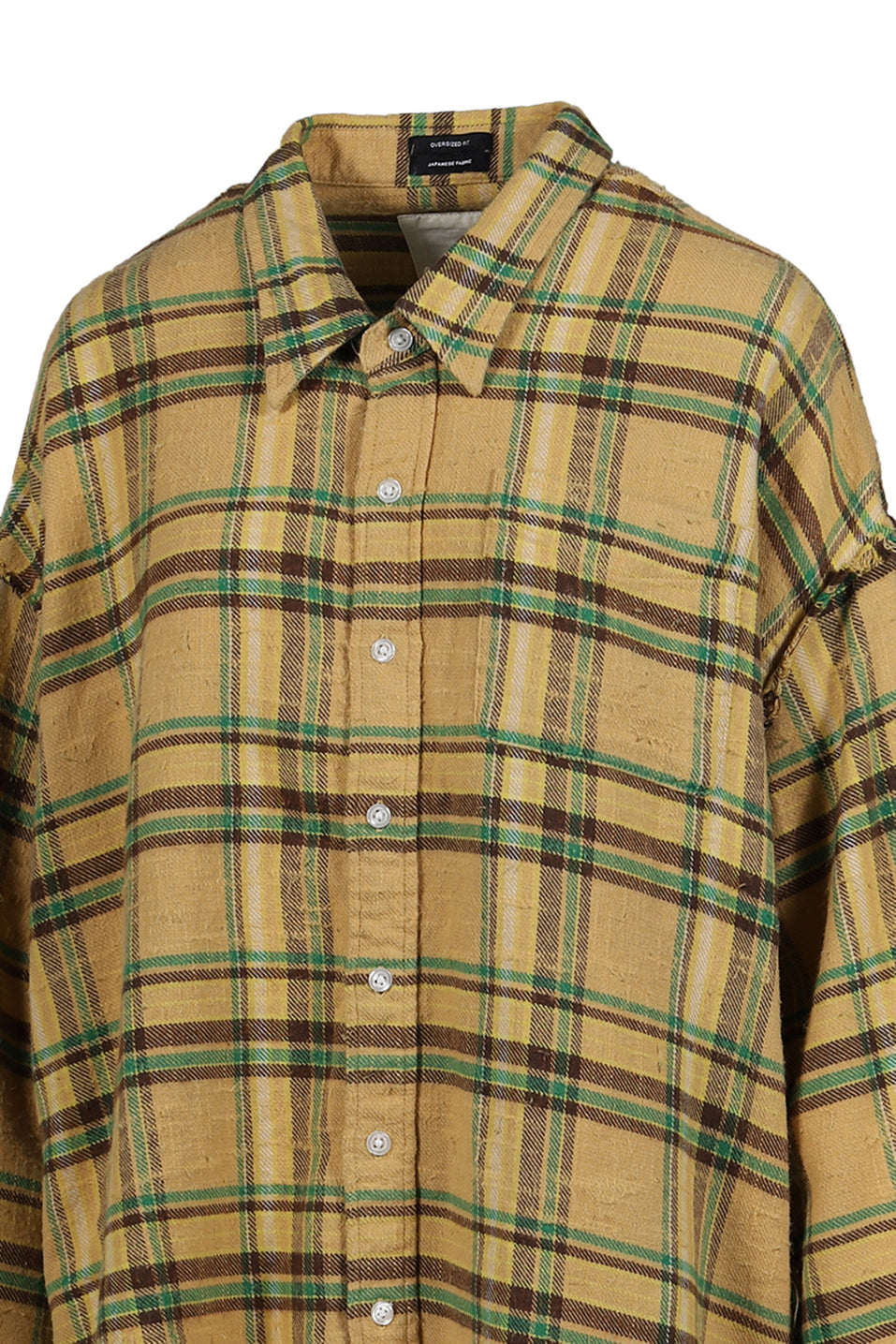 SHREDDED SEAM DROP NECK SHIRT / KHA/GRN PLAID