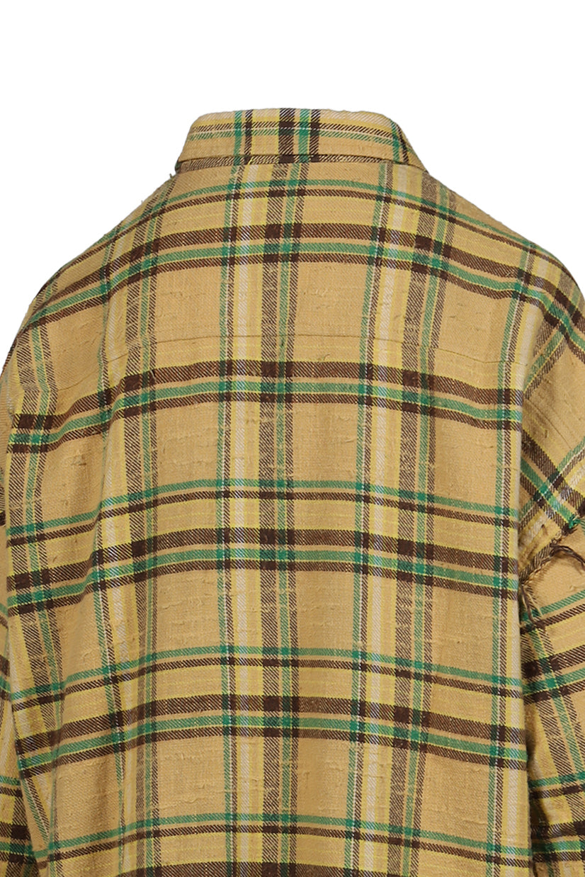 SHREDDED SEAM DROP NECK SHIRT / KHA/GRN PLAID