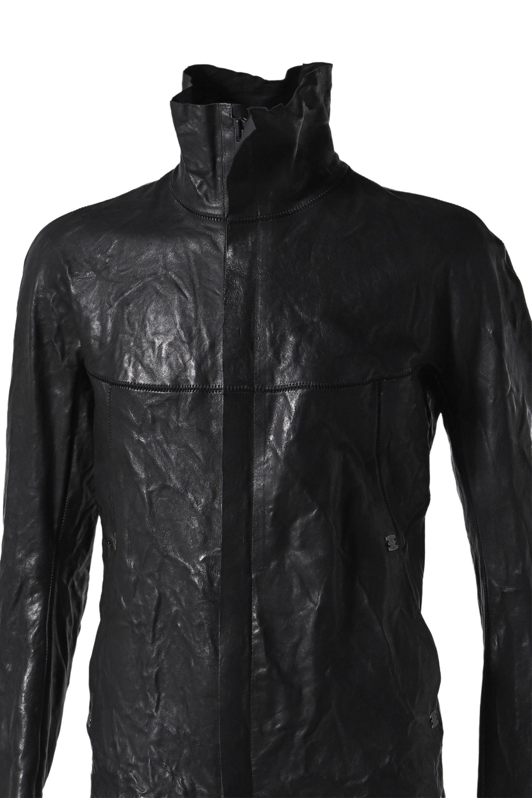 "HUMANOID" HIGH NECK LEATHER JACKET / BLK