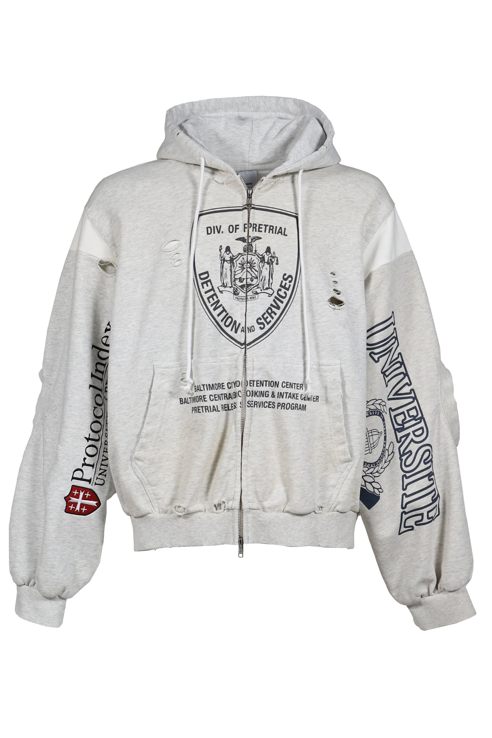 RECONSTRUCTED SWEATSHIRTS ZIP HOODIE / WHT MELANGE
