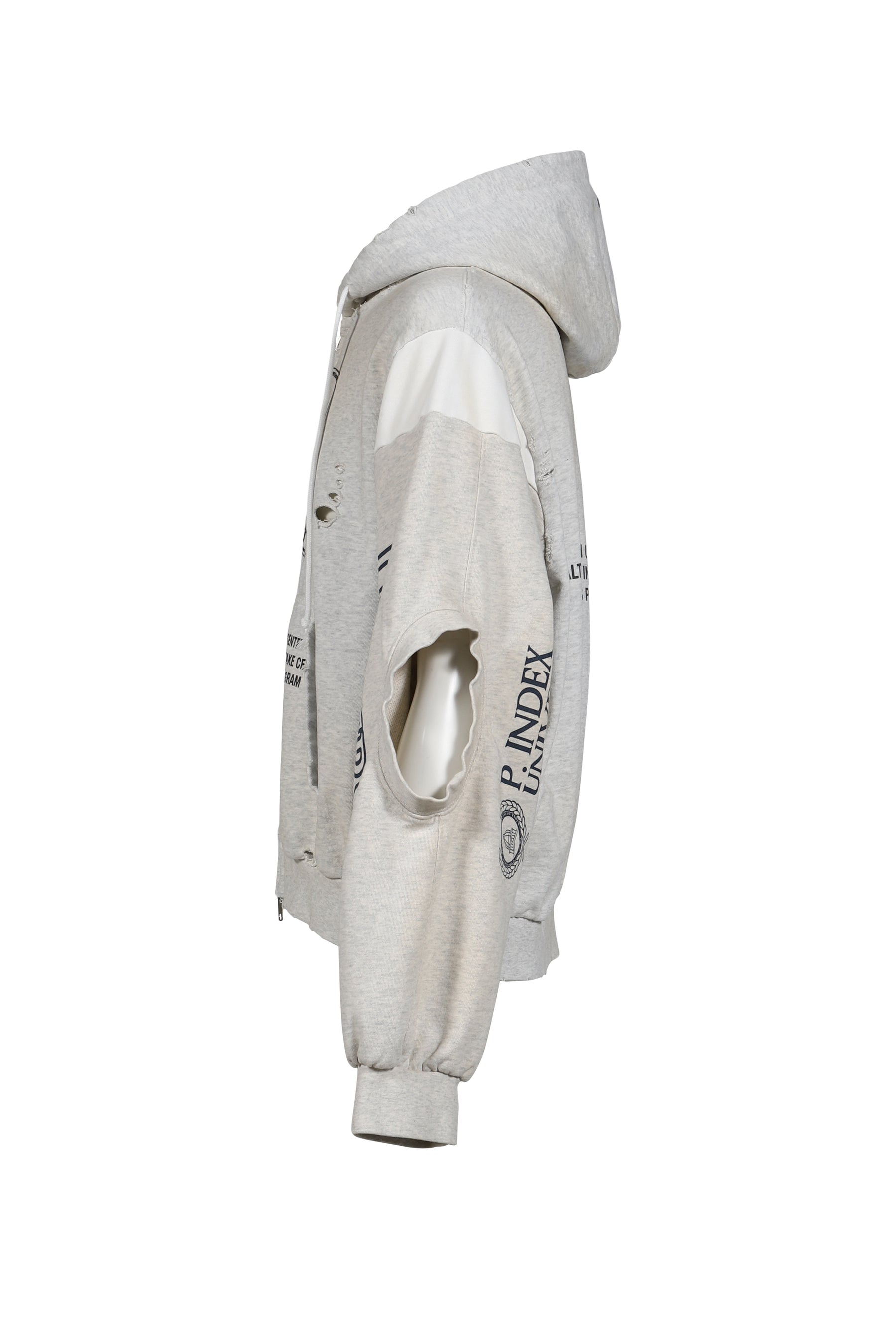 RECONSTRUCTED SWEATSHIRTS ZIP HOODIE / WHT MELANGE