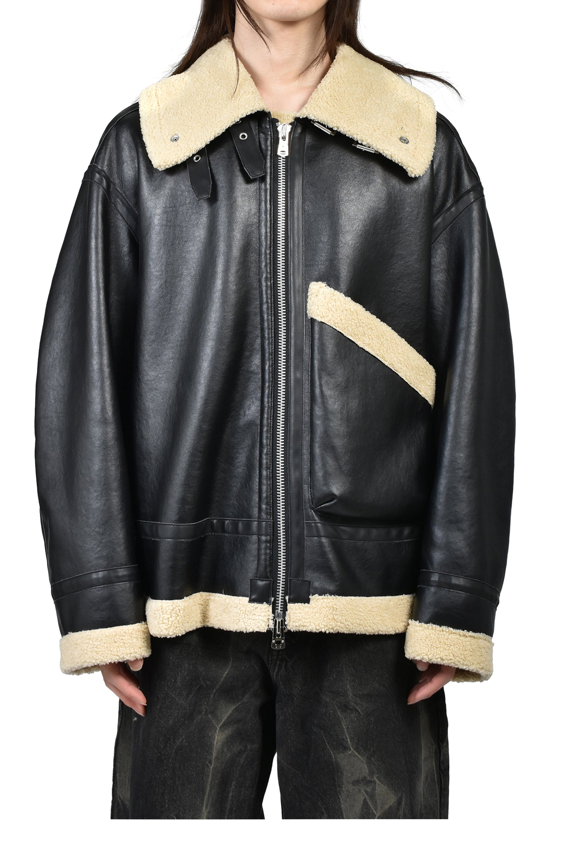 FAUX MOUTON FLIGHT JACKET / BLK X BEI
