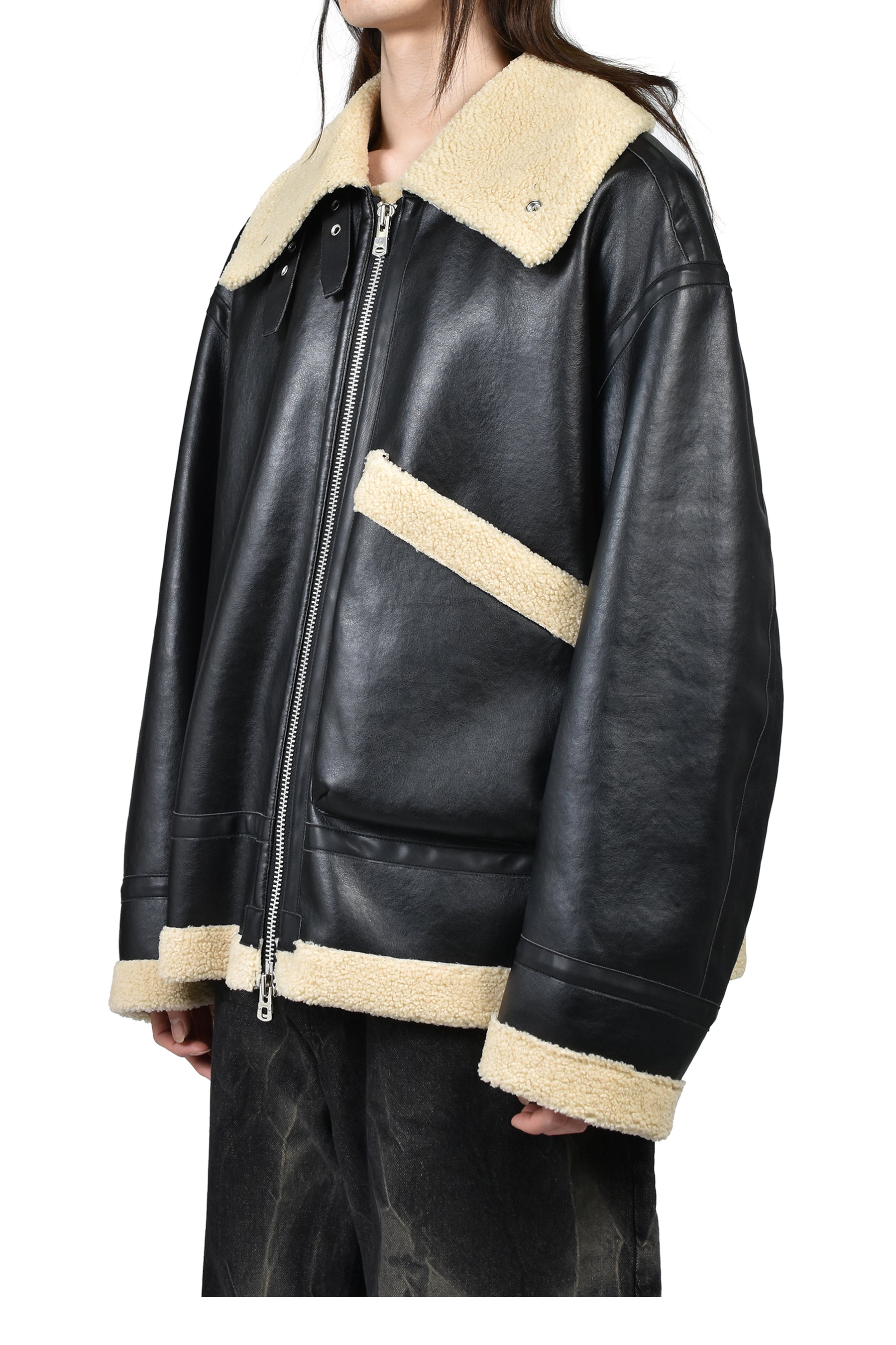 FAUX MOUTON FLIGHT JACKET / BLK X BEI