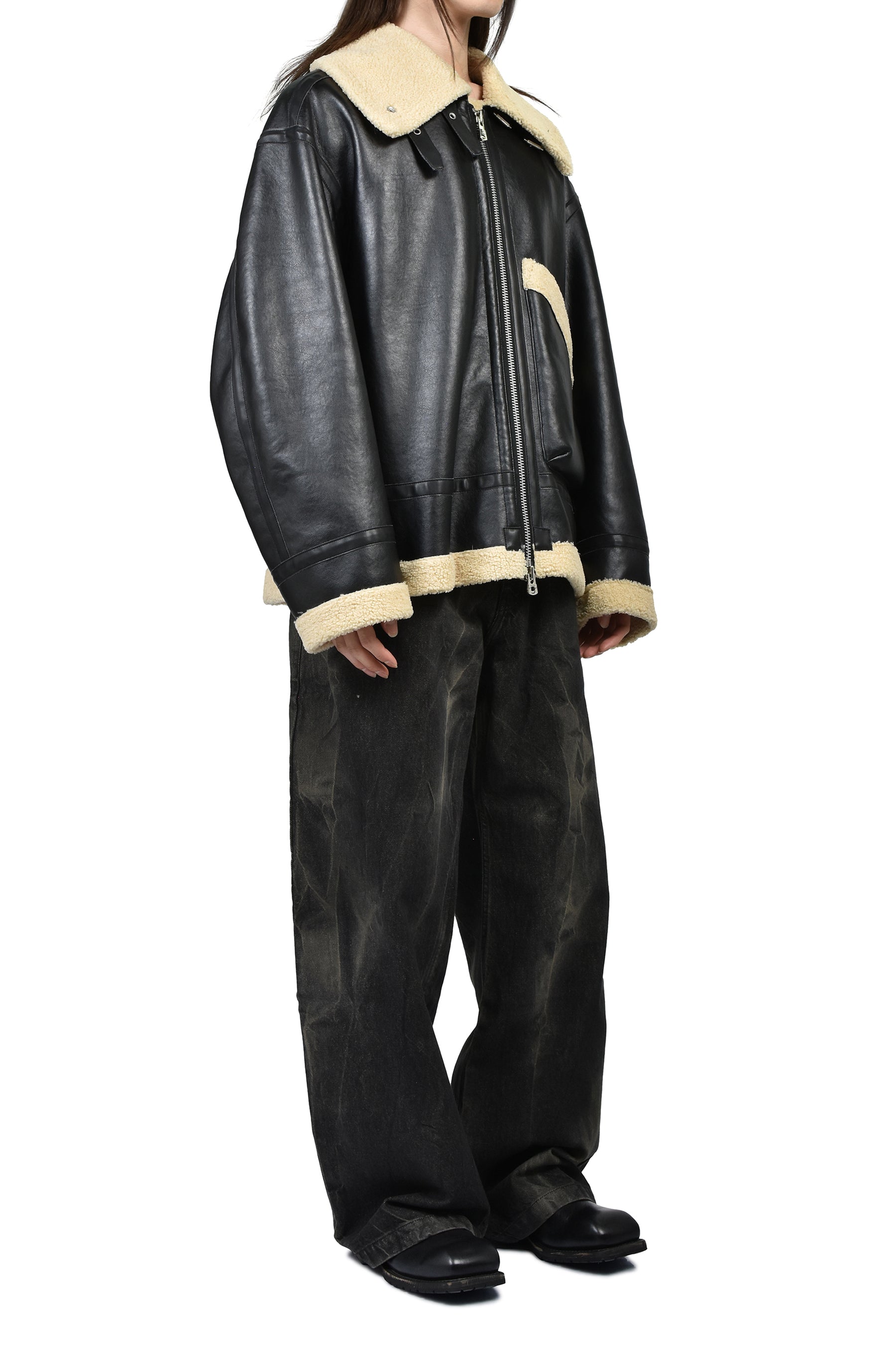 FAUX MOUTON FLIGHT JACKET / BLK X BEI