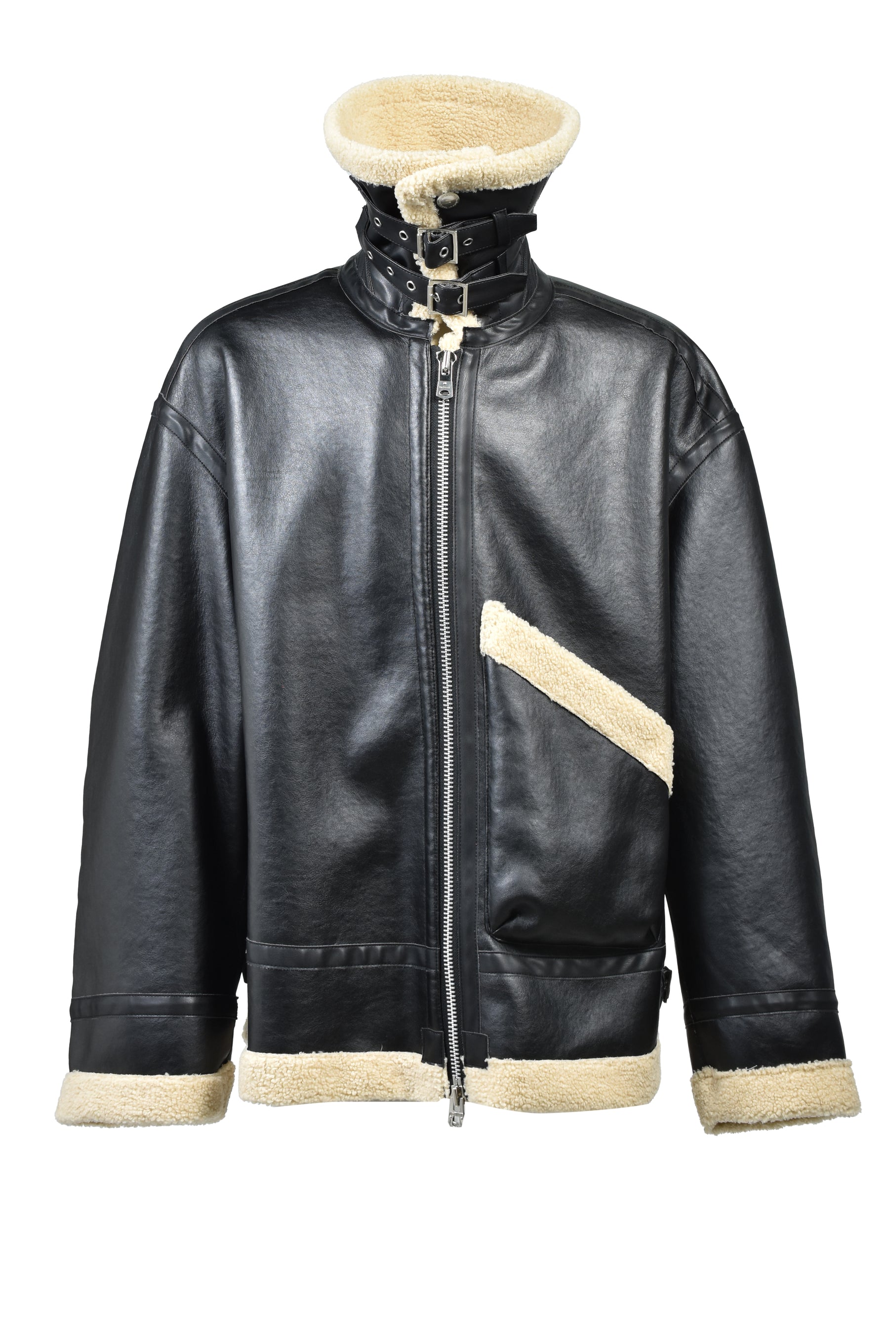 FAUX MOUTON FLIGHT JACKET / BLK X BEI