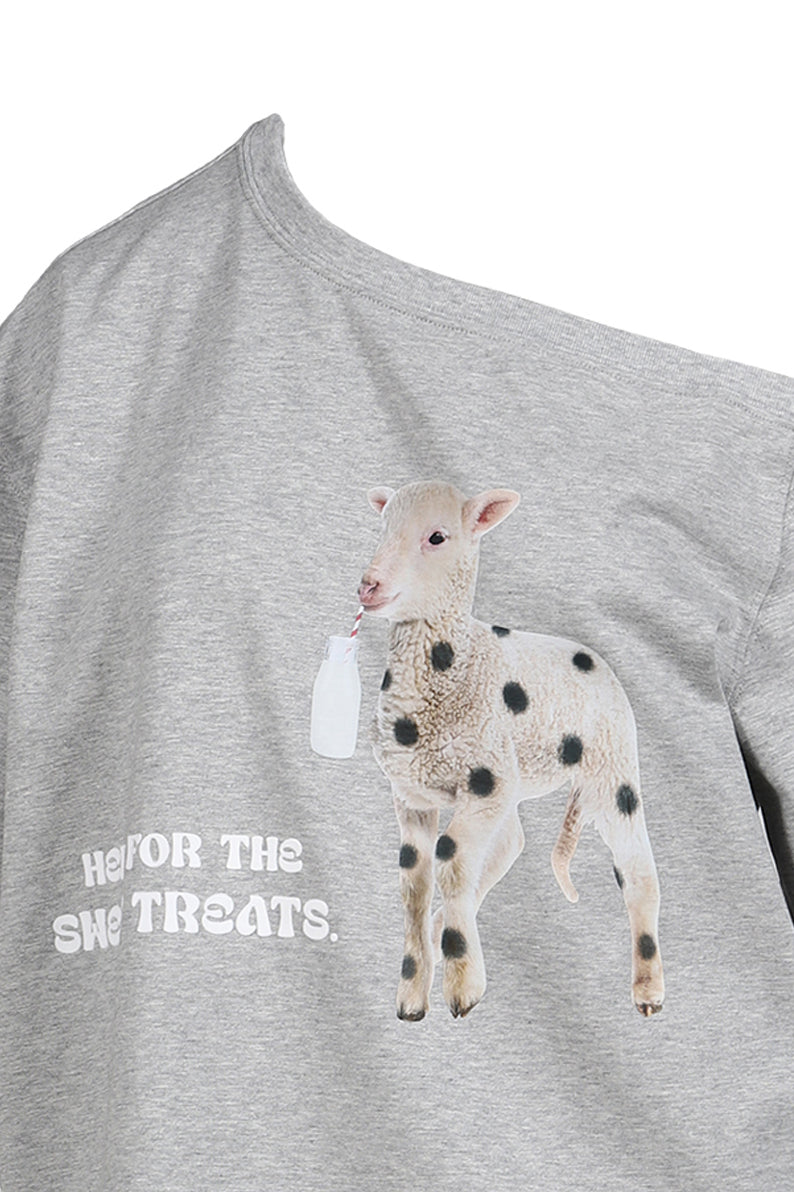 SWEET TREAT SHEEP PRINTED OFF-SHOULDER SHORT SLEEVE T-SHIRT / GRY