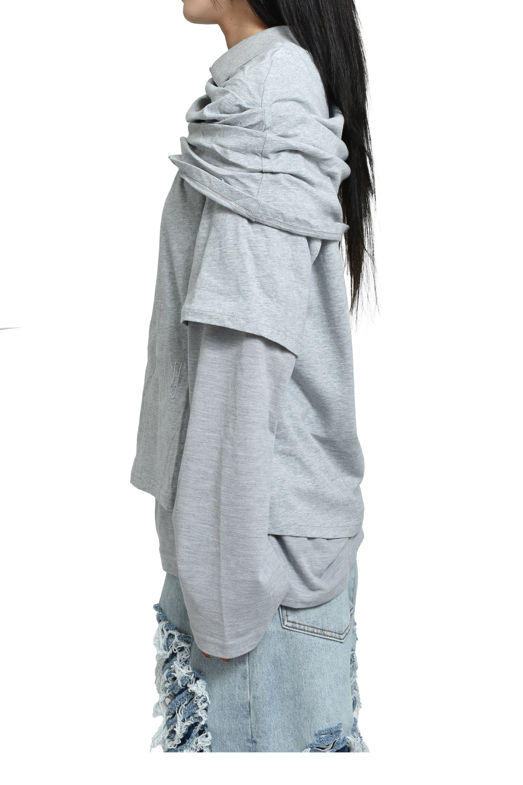 MULTI LAYER LS T-SHIRT SMART SLOGAN T-SHIRT / GRY 