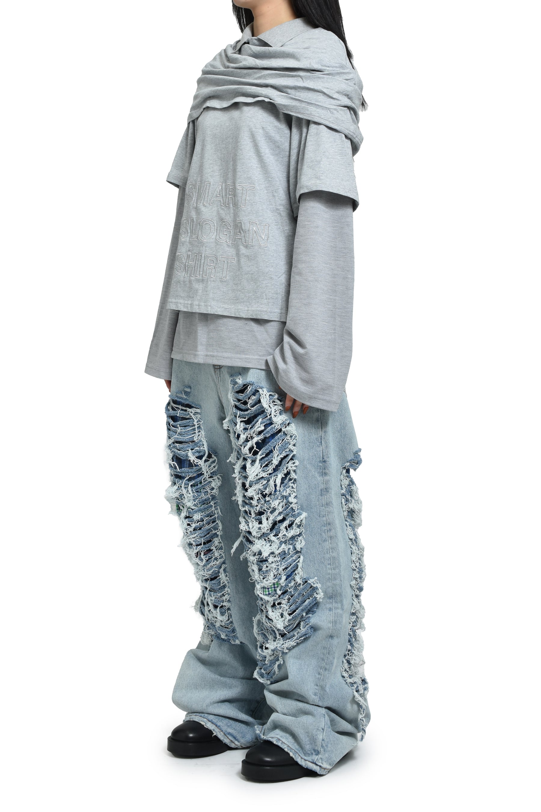 MULTI LAYER LS T-SHIRT SMART SLOGAN T-SHIRT / GRY 