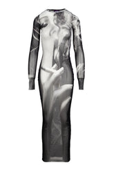 MESH LONG DRESS PRINTED "SMOKING WOMEN" / BLK GRY WHT