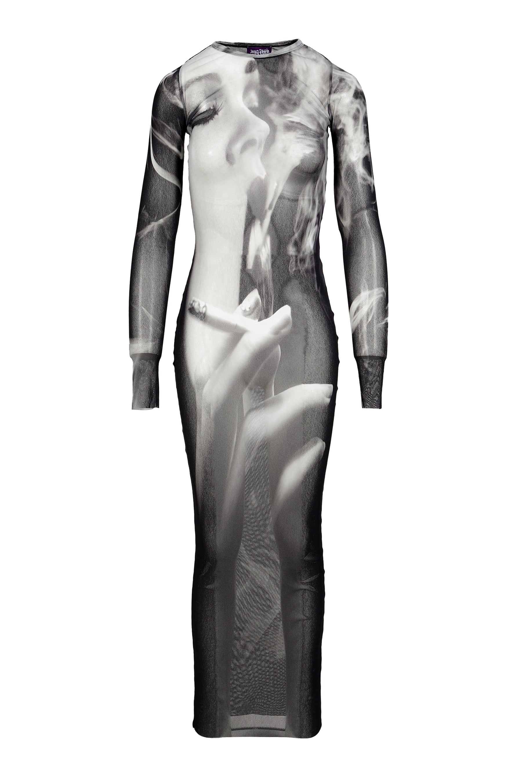 MESH LONG DRESS PRINTED "SMOKING WOMEN" / BLK GRY WHT