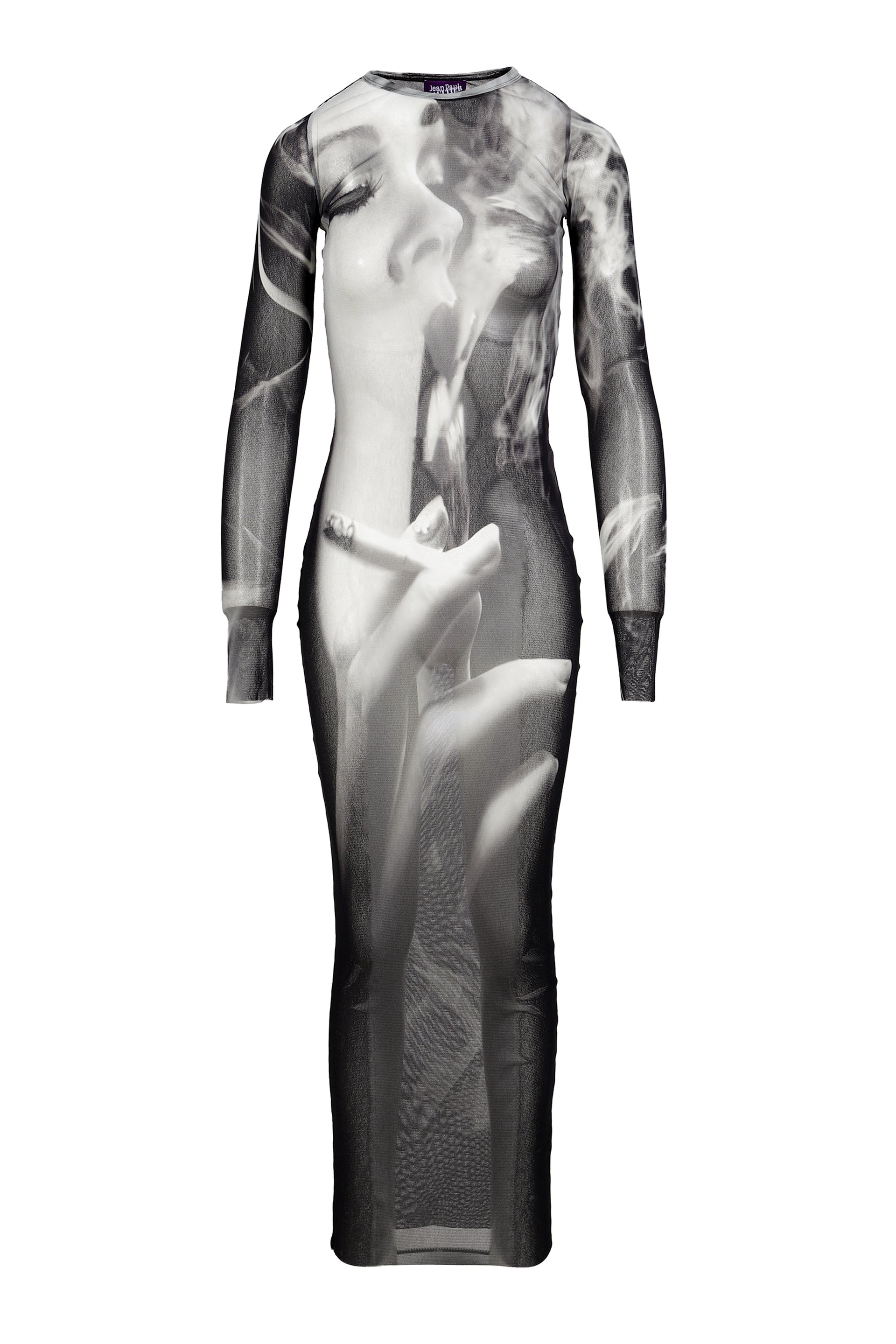 MESH LONG DRESS PRINTED "SMOKING WOMEN" / BLK GRY WHT