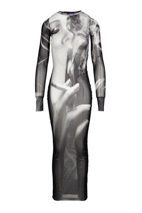 MESH LONG DRESS PRINTED "SMOKING WOMEN" / BLK GRY WHT