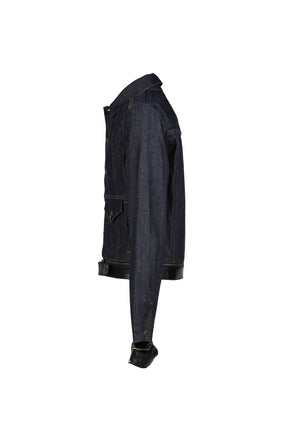 LEATHER STRAP DENIM JACKET / THICK DENIM 12OZ RAW DENIM