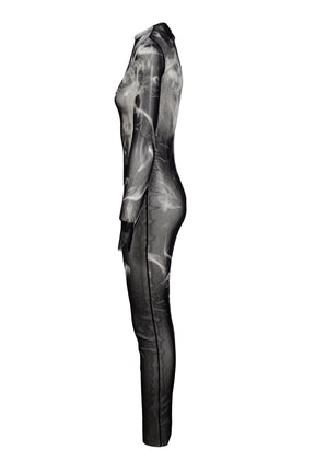 MESH LONG DRESS PRINTED "SMOKING WOMEN" / BLK GRY WHT