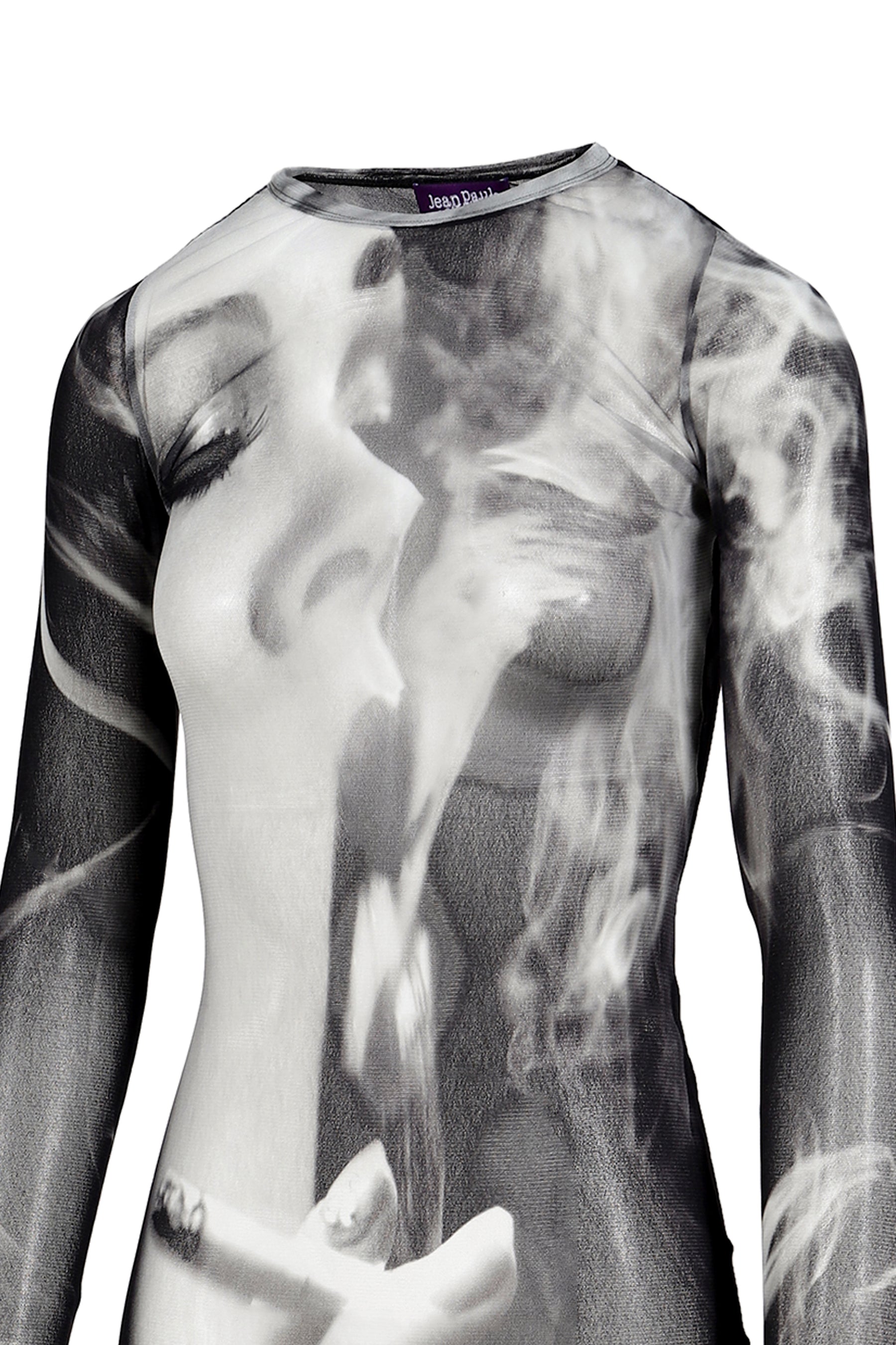 MESH LONG DRESS PRINTED "SMOKING WOMEN" / BLK GRY WHT