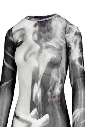 MESH LONG DRESS PRINTED "SMOKING WOMEN" / BLK GRY WHT