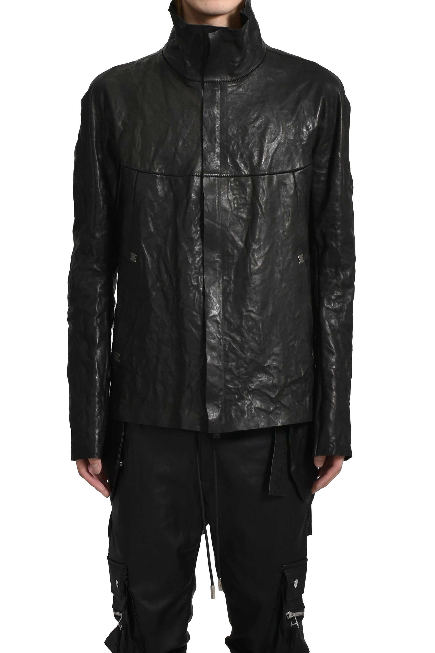 "HUMANOID" HIGH NECK LEATHER JACKET / BLK