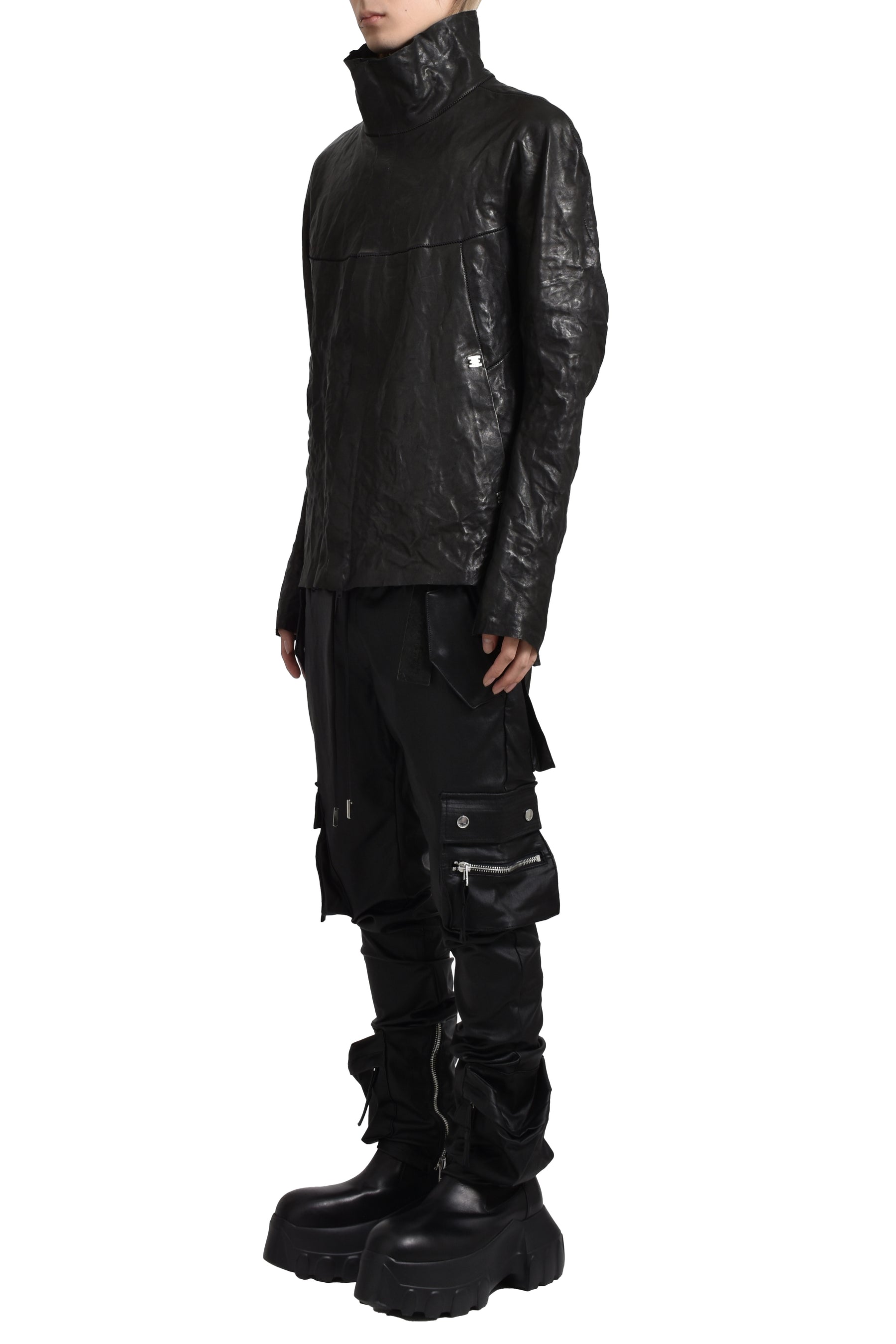 "HUMANOID" HIGH NECK LEATHER JACKET / BLK