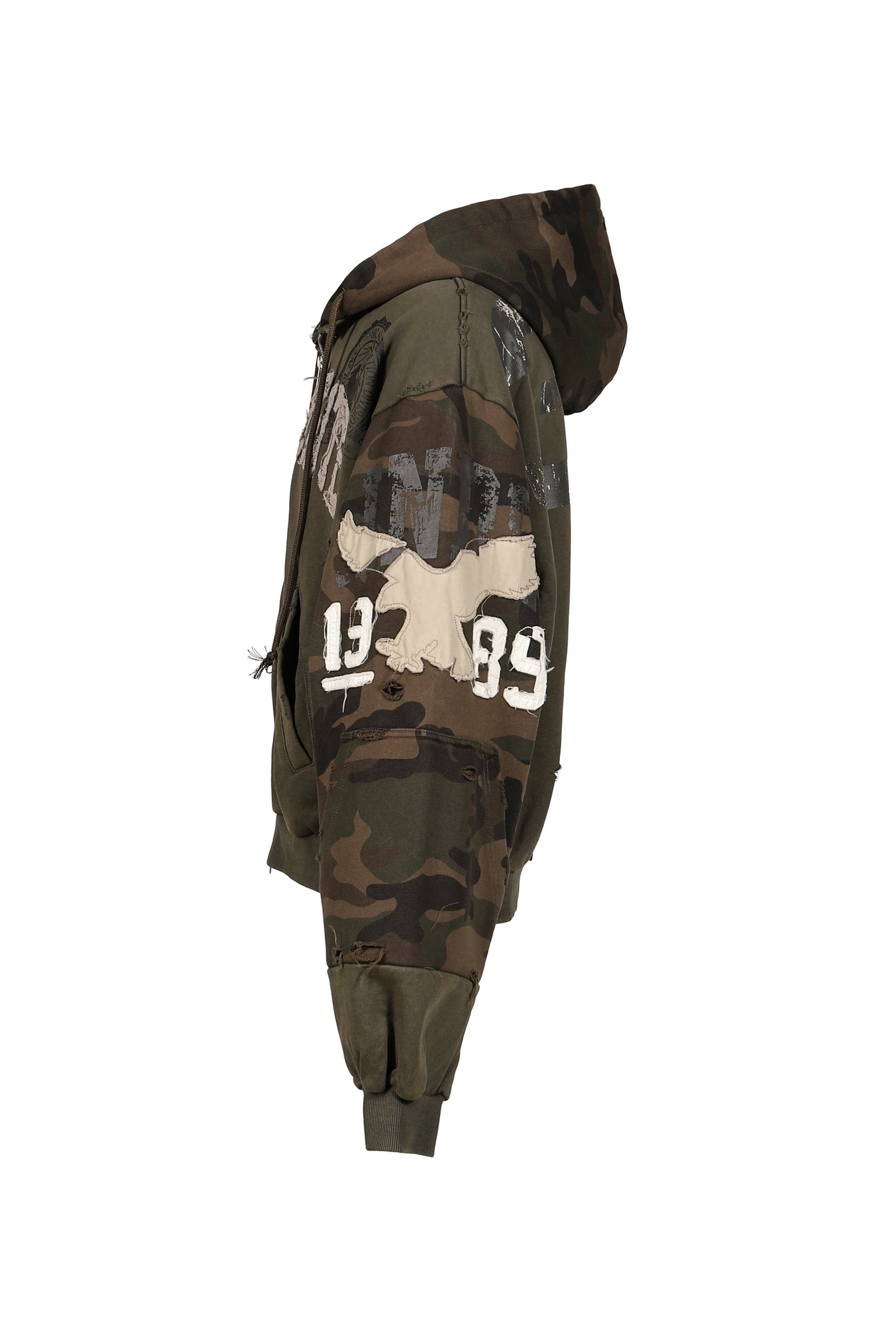 RECONSTRUCTED APPLIQUE SWEATSHIRT ZIP HOODIE / CAMO