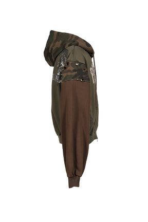RECONSTRUCTED APPLIQUE SWEATSHIRT ZIP HOODIE / CAMO