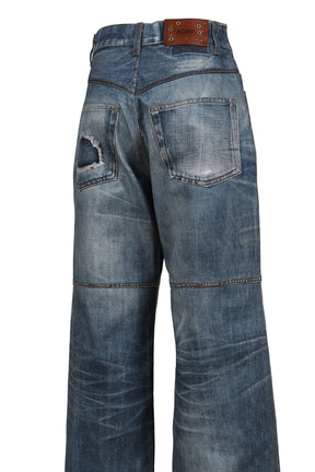 UNISEX CUSTOM-LIKE PRINTED DENIM PANTS / MID BLU 