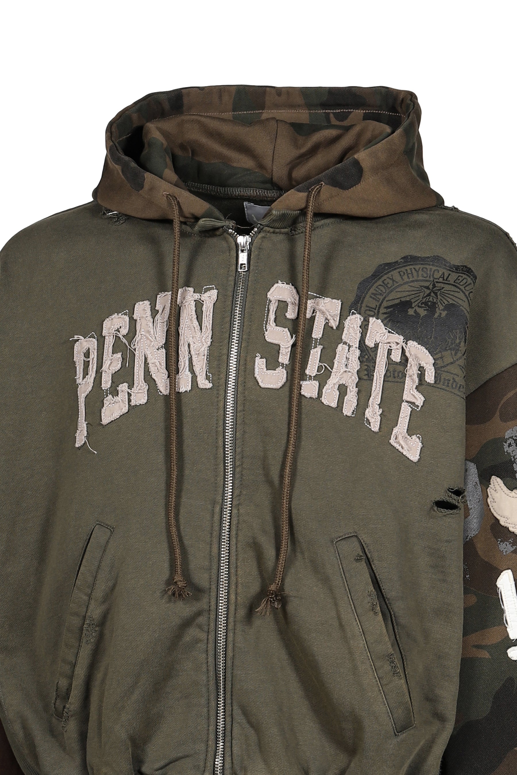 RECONSTRUCTED APPLIQUE SWEATSHIRT ZIP HOODIE / CAMO