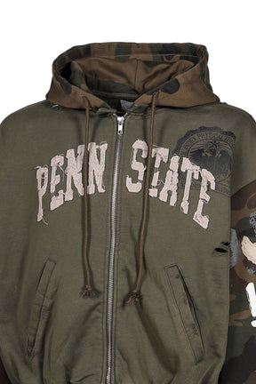 RECONSTRUCTED APPLIQUE SWEATSHIRT ZIP HOODIE / CAMO