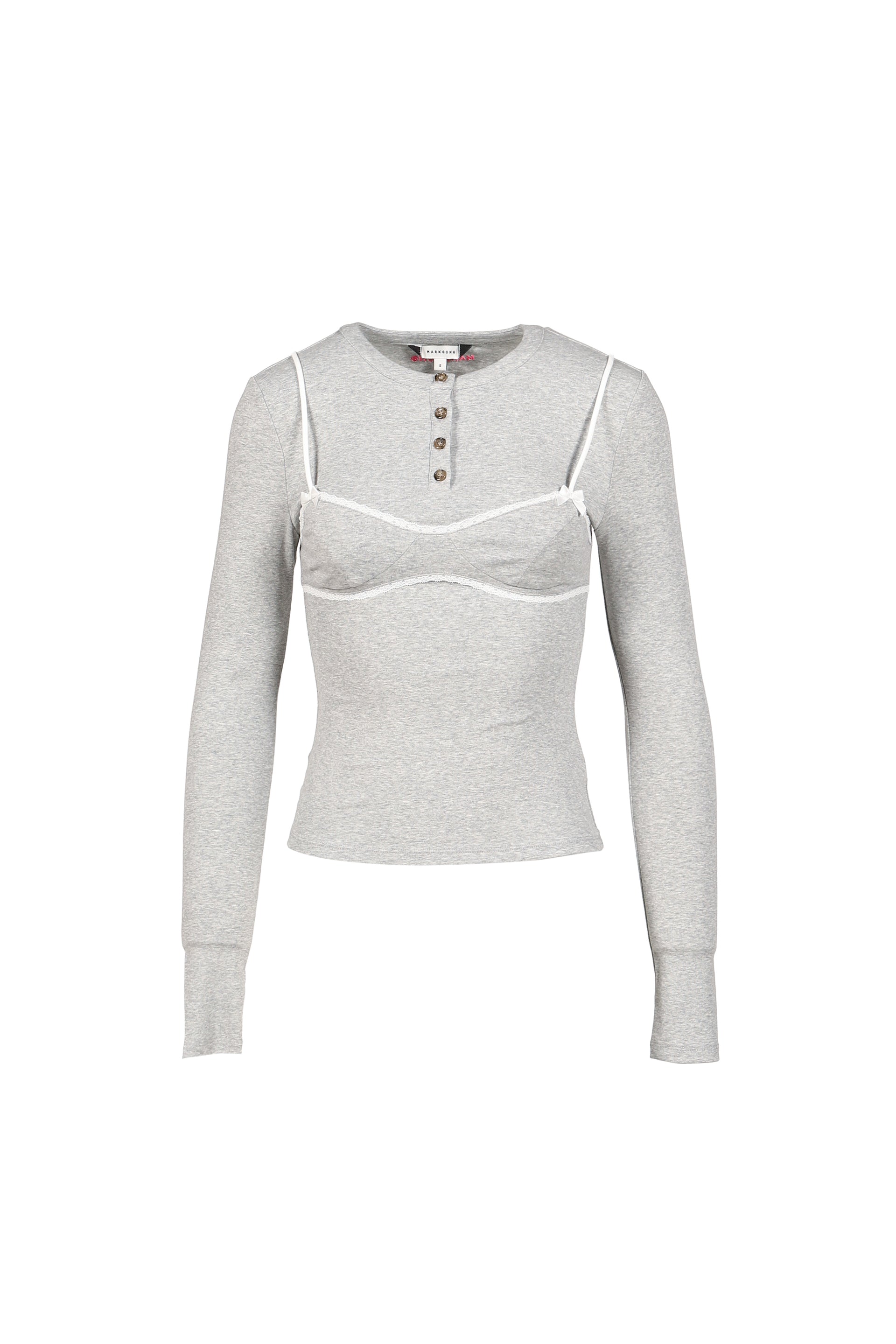GREY LACE-TRIM BRALETTE DETAIL LONG SLEEVE HENLEY SHIRT / GRY
