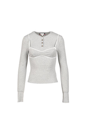 GREY LACE-TRIM BRALETTE DETAIL LONG SLEEVE HENLEY SHIRT / GRY