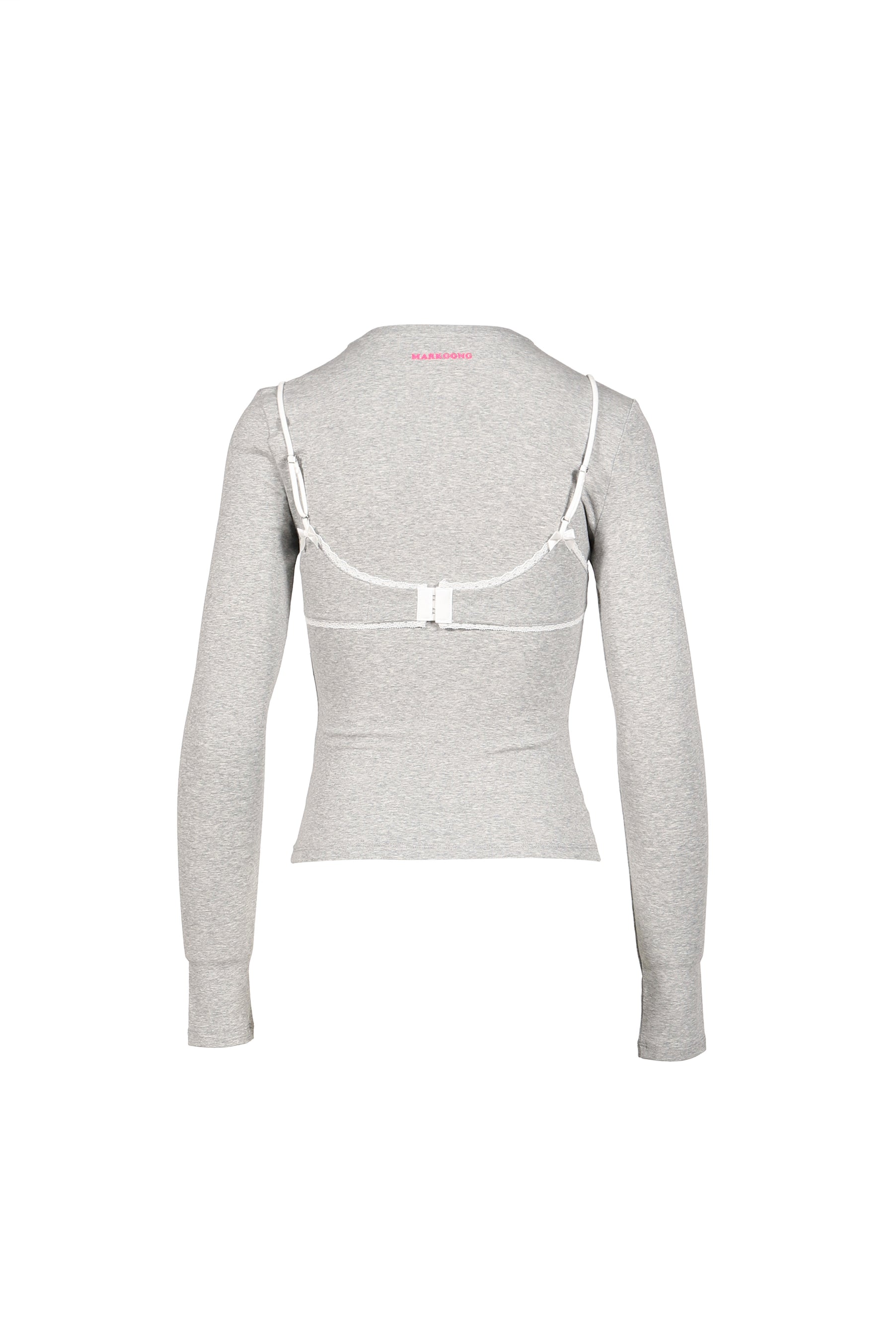 GREY LACE-TRIM BRALETTE DETAIL LONG SLEEVE HENLEY SHIRT / GRY