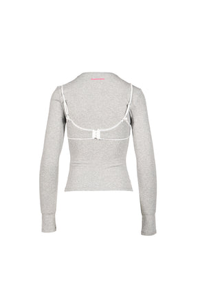 GREY LACE-TRIM BRALETTE DETAIL LONG SLEEVE HENLEY SHIRT / GRY