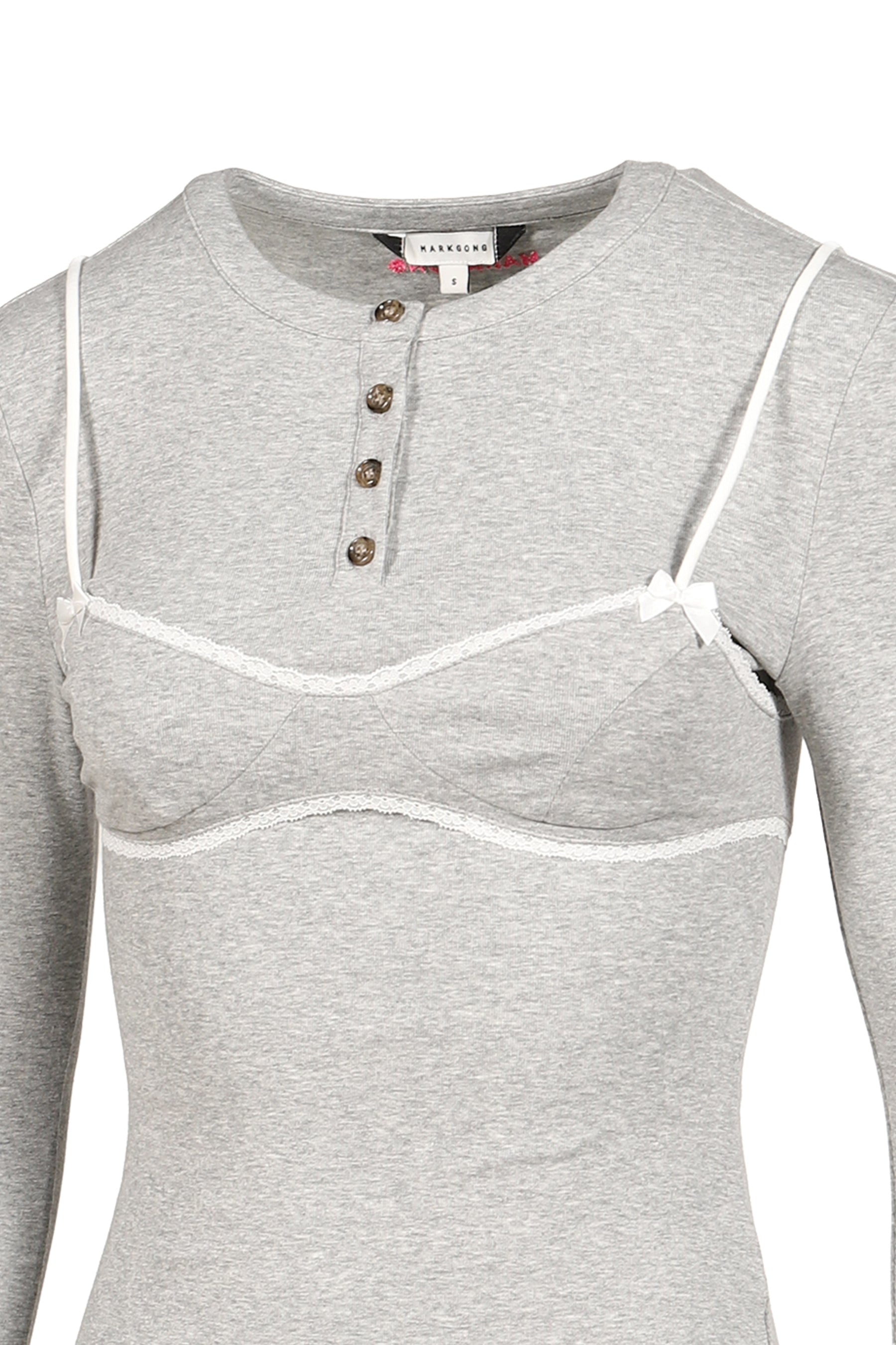 GREY LACE-TRIM BRALETTE DETAIL LONG SLEEVE HENLEY SHIRT / GRY