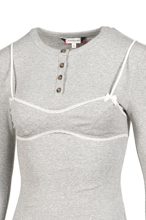 GREY LACE-TRIM BRALETTE DETAIL LONG SLEEVE HENLEY SHIRT / GRY
