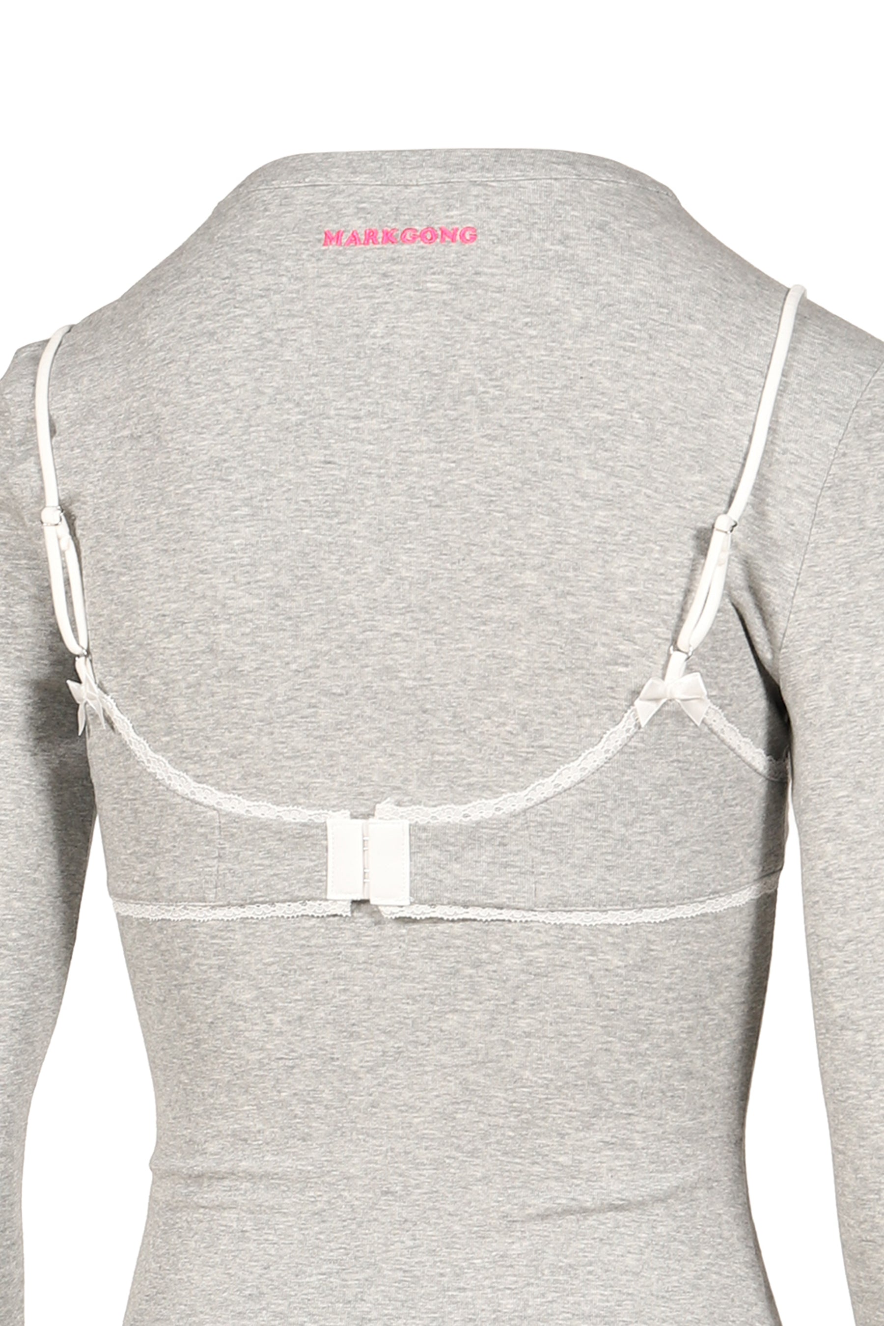 GREY LACE-TRIM BRALETTE DETAIL LONG SLEEVE HENLEY SHIRT / GRY